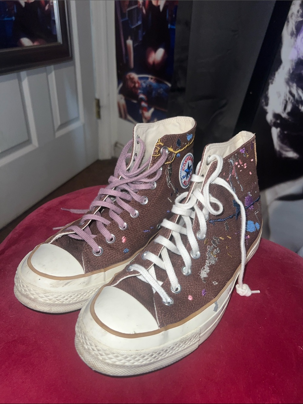 Converse X Bandulu High Top Sneakers in Brown with Paint Accents - Picture 2 of 4